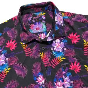 Retro Rifle Tropics Black All Over Hawaiian Shirt Short‎ Sleeve Button Down Sz M